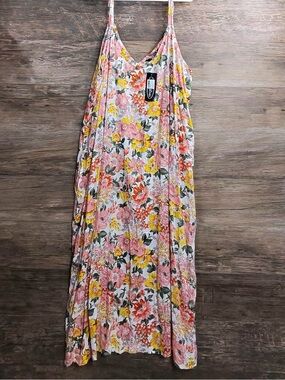 Shore Drive Floral Spaghetti-Strap Maxi Dress in Pink & Yellow